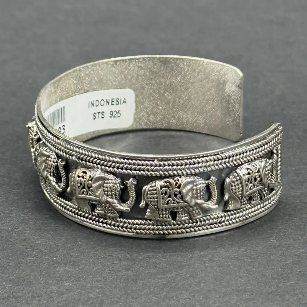 STS Indonesia 925 Sterling Silver Elephant Parade Wide Cuff Bracelet 40g